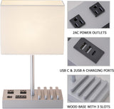Modern Bedside Table Lamp with USB Ports, AC Outlets & Phone Stands (Silver Wood Base)