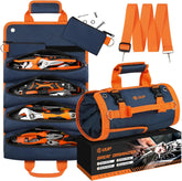 Tool Bag Roll Up, Heavy Duty Rolled Empty Tool Storage Organization, Portable Foldable Rollup Organizer with 2 Small Pouches, Rollable Carrying Toolbag, Dad Men Mechanic Birthday Gift, Blue Orange
