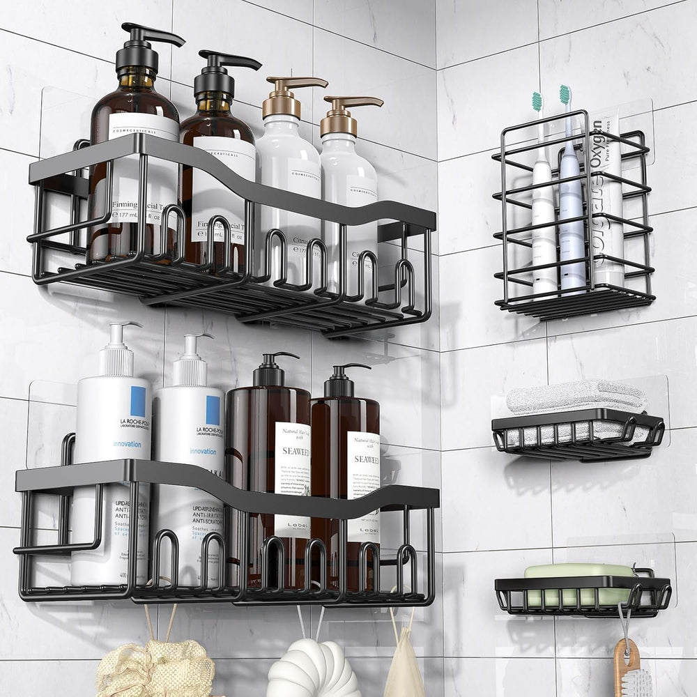 5-Pack Adhesive Shower Caddy – Rustproof Stainless Steel Bathroom Shelves, No Drilling, Large Capacity Organizer
