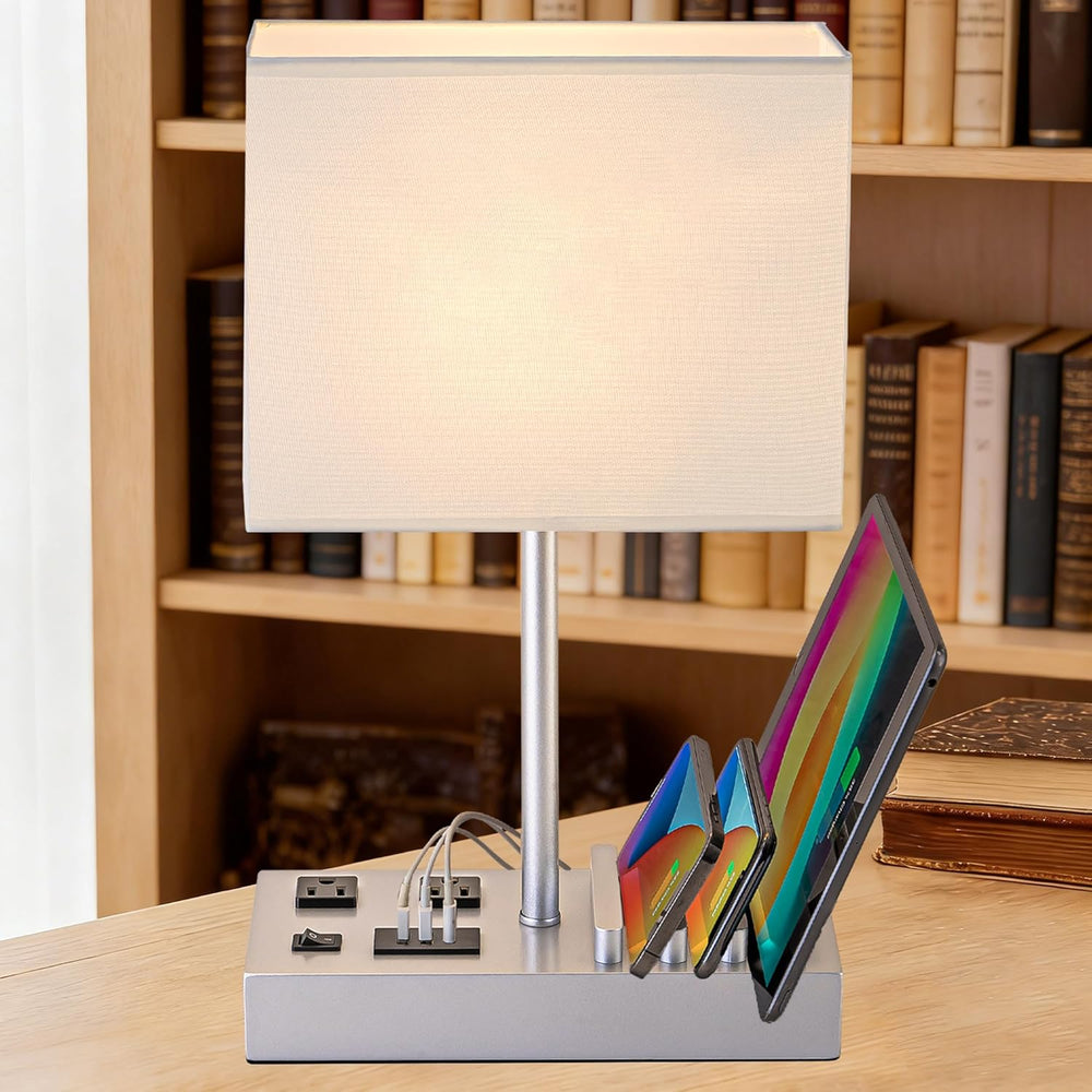 Modern Bedside Table Lamp with USB Ports, AC Outlets & Phone Stands (Silver Wood Base)