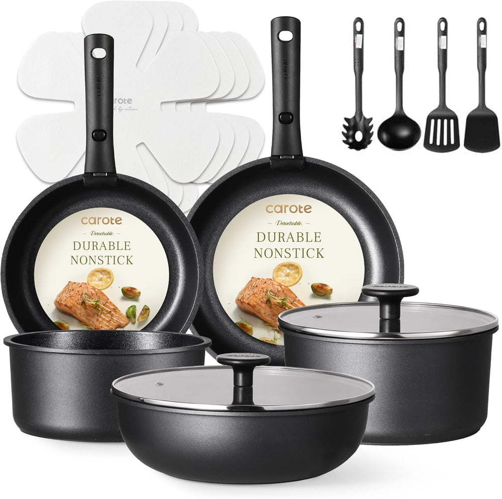 17-Piece Nonstick Pots & Pans Set – Induction Cookware with Detachable Handles, Oven Safe, Removable Handle for RV, Kitchen & Everyday Cooking