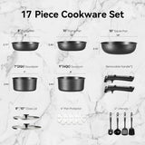 17-Piece Nonstick Pots & Pans Set – Induction Cookware with Detachable Handles, Oven Safe, Removable Handle for RV, Kitchen & Everyday Cooking
