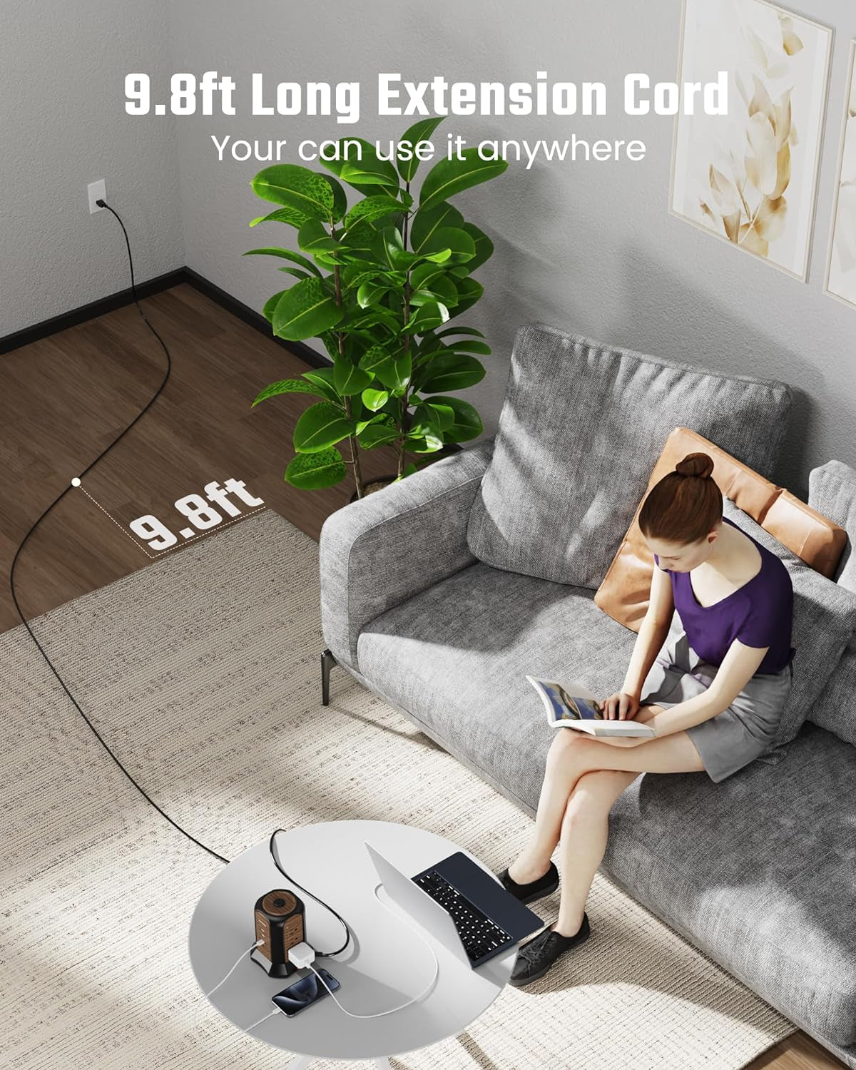 Power Strip Tower with Surge Protection – 9 Outlets & 4 USB Ports, 10 ft Cord