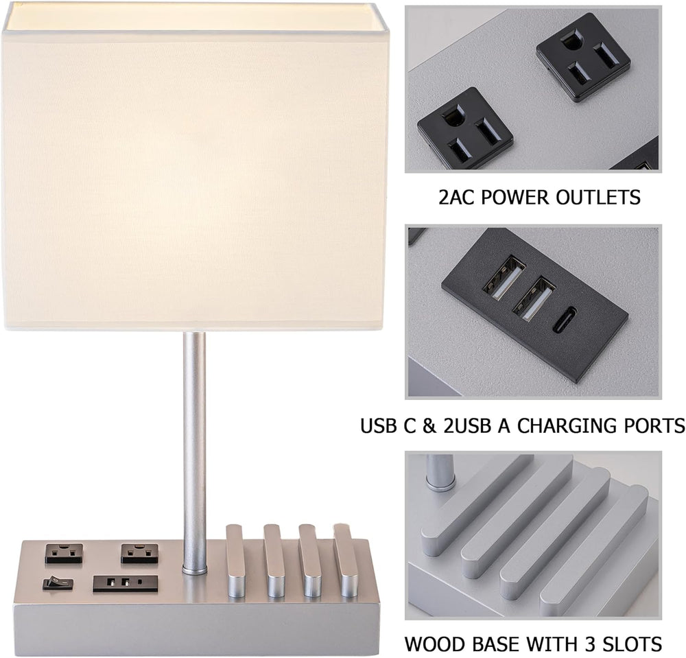 Modern Bedside Table Lamp with USB Ports, AC Outlets & Phone Stands (Silver Wood Base)