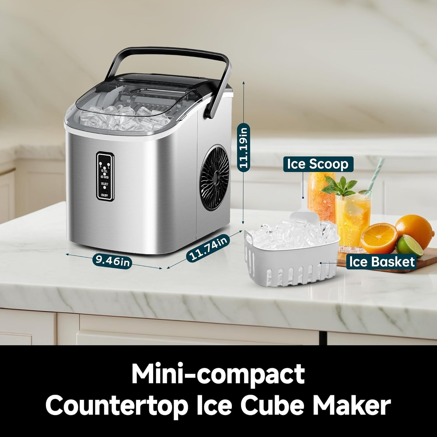 Countertop Ice Maker – 9 Ice Cubes in 6 Minutes, 26 lbs per Day, Portable with Self-Cleaning