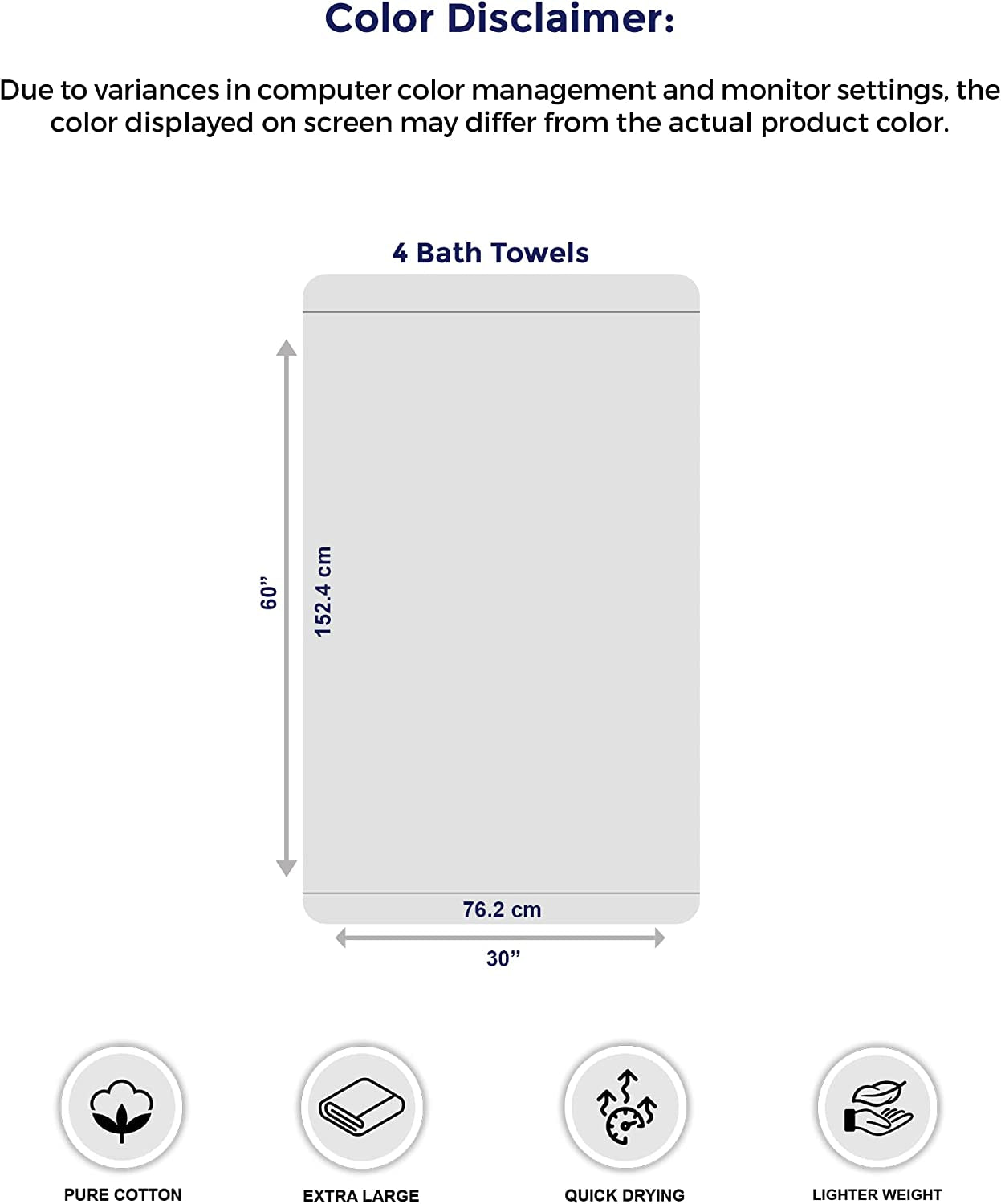 Pack of 4 Extra Large Bath Towels 30 X 60 Inches, 100% Cotton, Larger & Lighter Weight, Quicker to Dry, Super Soft and Absorbent, Perfect for Bathroom, Dark Grey