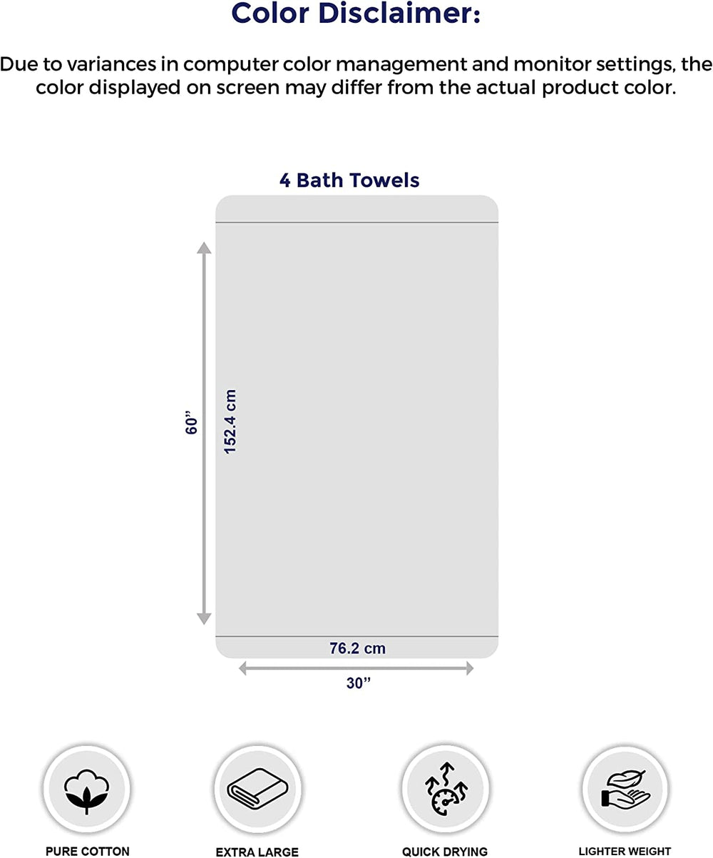 Pack of 4 Extra Large Bath Towels 30 X 60 Inches, 100% Cotton, Larger & Lighter Weight, Quicker to Dry, Super Soft and Absorbent, Perfect for Bathroom, Dark Grey