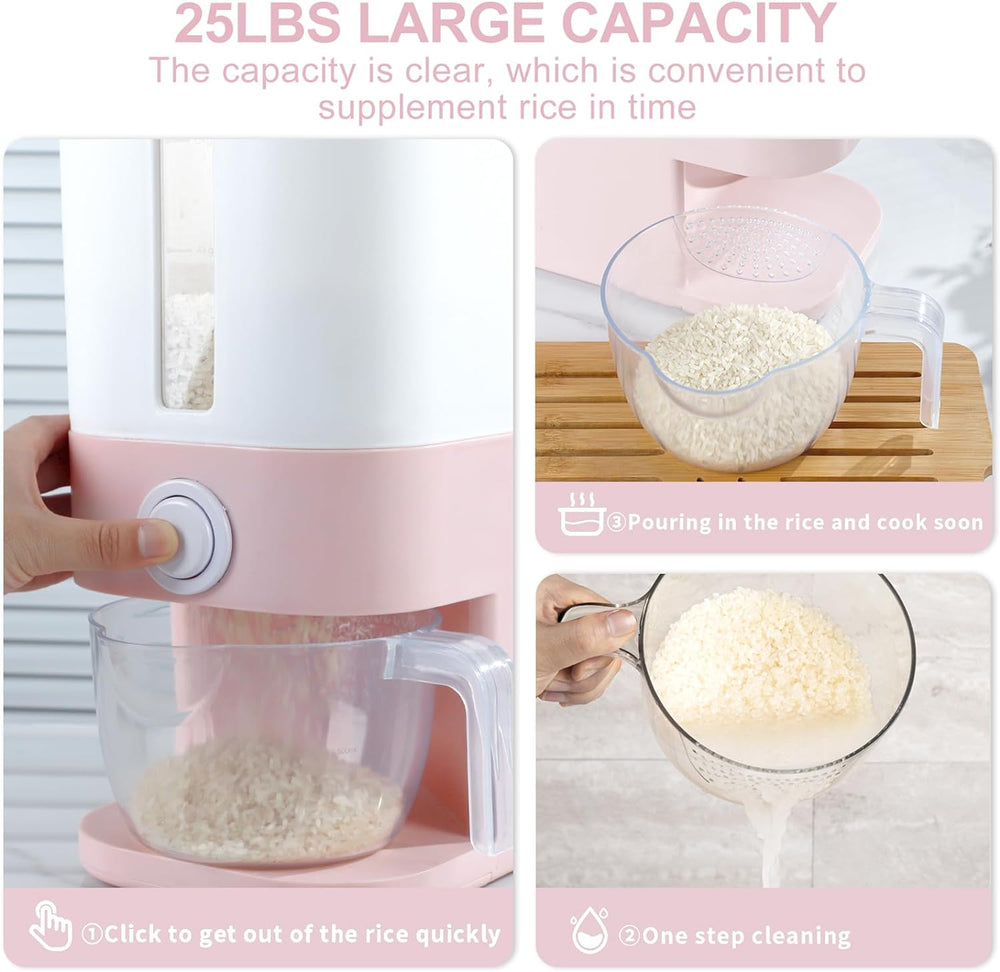 Pink Rice Storage Dispenser (22.5–25 lbs) with Measuring Cup – Airtight Kitchen Container