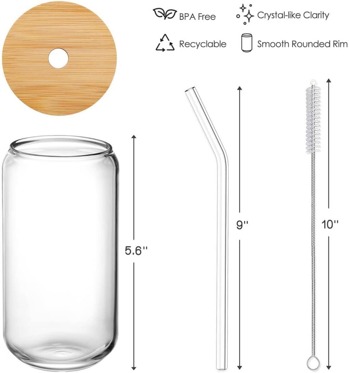 Piece Glass Cups Set – 16Oz Drinking Glasses with Bamboo Lids & Glass Straws for Iced Coffee & Tea