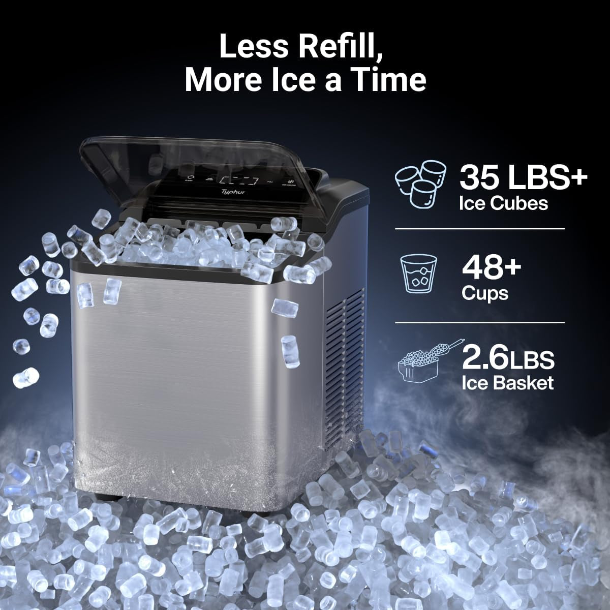 Typhur Countertop Nugget Ice Maker – Fast Pebble Ice Machine, 35 lbs/24H, Self-Cleaning, Stainless Steel