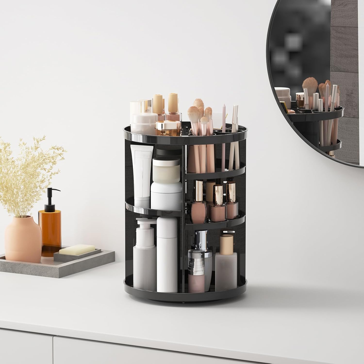 360° Rotating Makeup Organizer – Adjustable Cosmetic Storage Carousel for Vanity & Bathroom Countertop