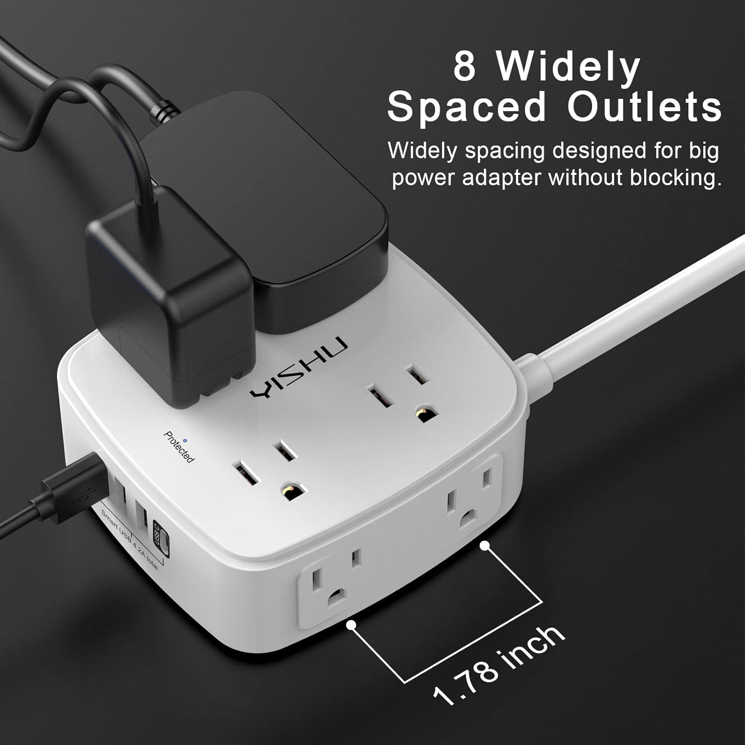 Surge Protector Power Strip – 8 Widely Spaced Outlets with 4 USB Ports, 5ft Extension Cord, Flat Plug, Wall Mount & Desk Charging Station