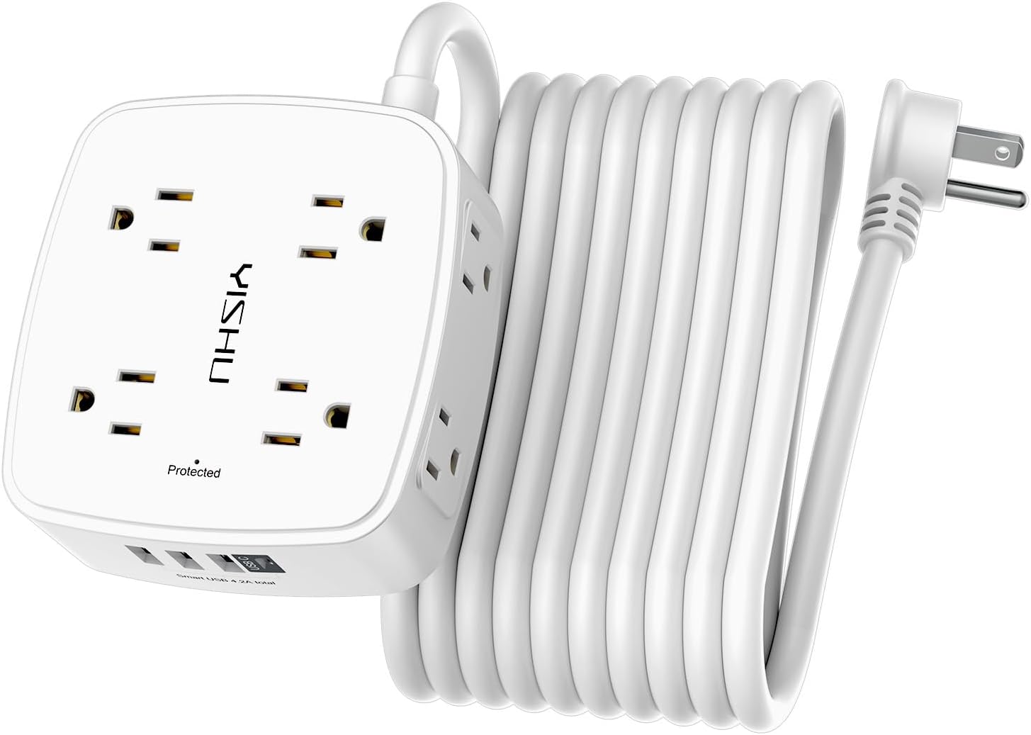 Surge Protector Power Strip – 8 Widely Spaced Outlets with 4 USB Ports, 5ft Extension Cord, Flat Plug, Wall Mount & Desk Charging Station