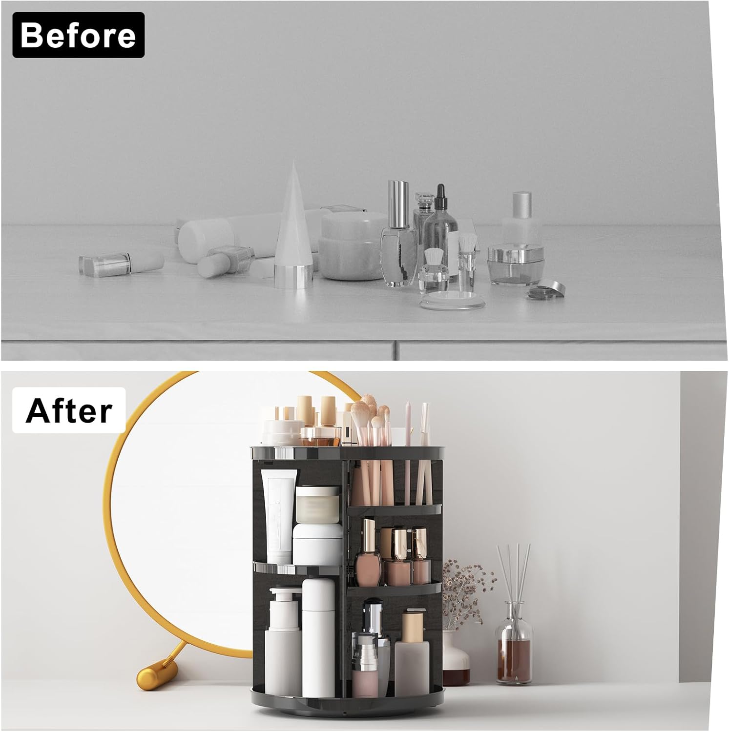 360° Rotating Makeup Organizer – Adjustable Cosmetic Storage Carousel for Vanity & Bathroom Countertop