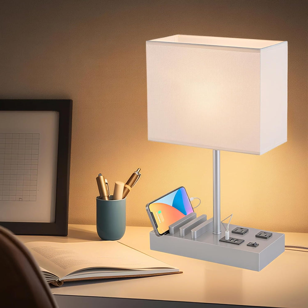 Modern Bedside Table Lamp with USB Ports, AC Outlets & Phone Stands (Silver Wood Base)