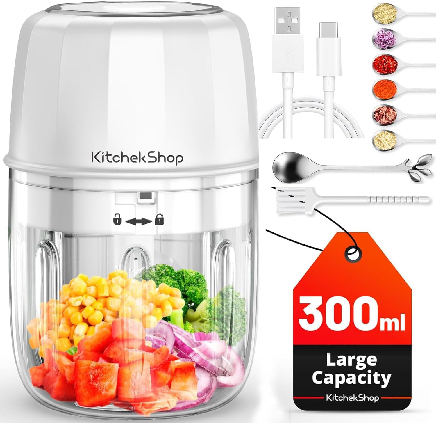 Electric Garlic Chopper 300ML, Portable Cordless Mini Food Processor, USB Rechargeable, BPA-Free