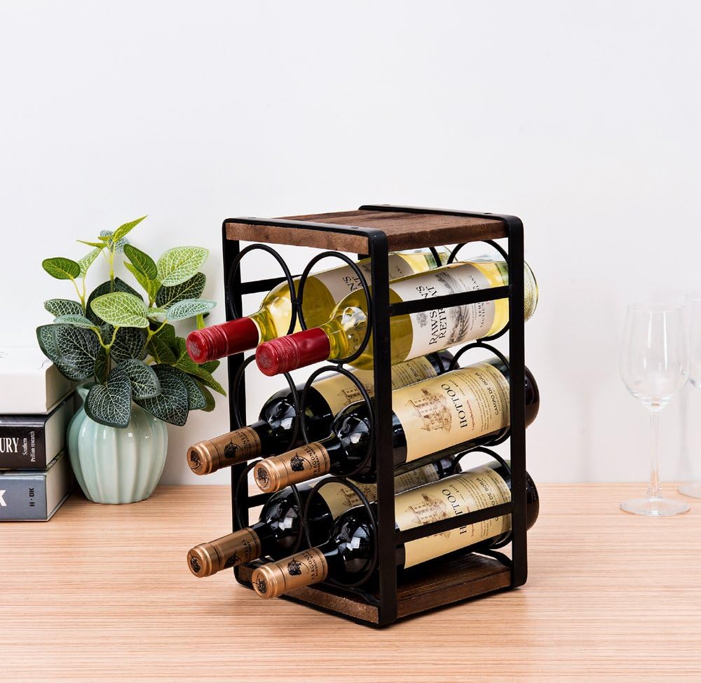 Rustic Wood Countertop Wine Rack 6 Bottles No Need Assembly Brown