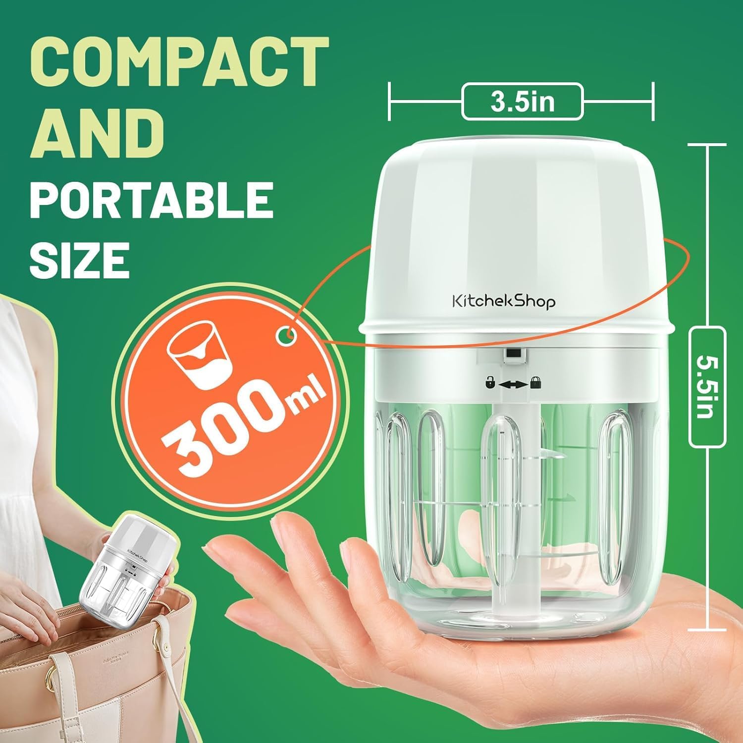 Electric Garlic Chopper 300ML, Portable Cordless Mini Food Processor, USB Rechargeable, BPA-Free