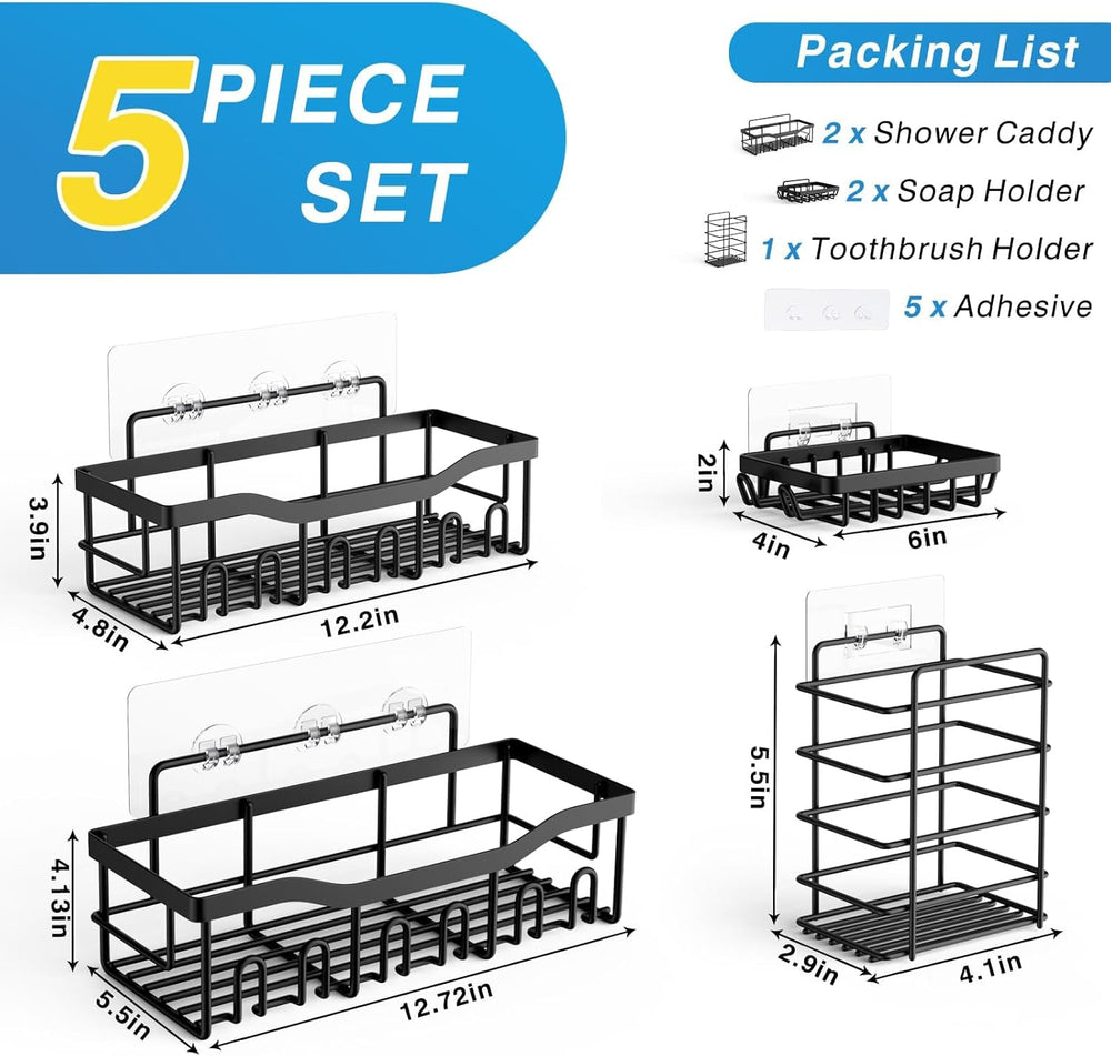 5-Pack Adhesive Shower Caddy – Rustproof Stainless Steel Bathroom Shelves, No Drilling, Large Capacity Organizer