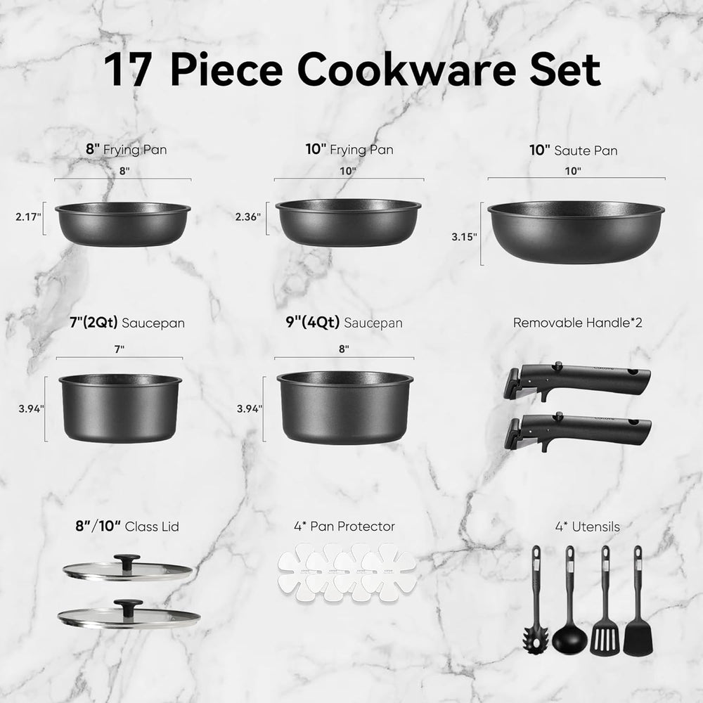 17-Piece Nonstick Pots & Pans Set – Induction Cookware with Detachable Handles, Oven Safe, Removable Handle for RV, Kitchen & Everyday Cooking