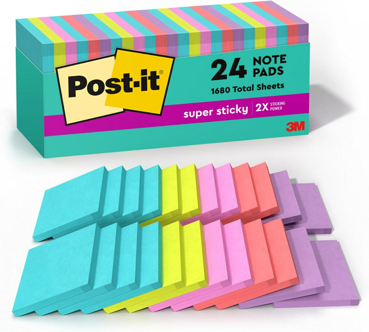 Post-it Super Sticky Notes – 24 Pads, 3” x 3”, Extra Strong Adhesive, Neon Colors