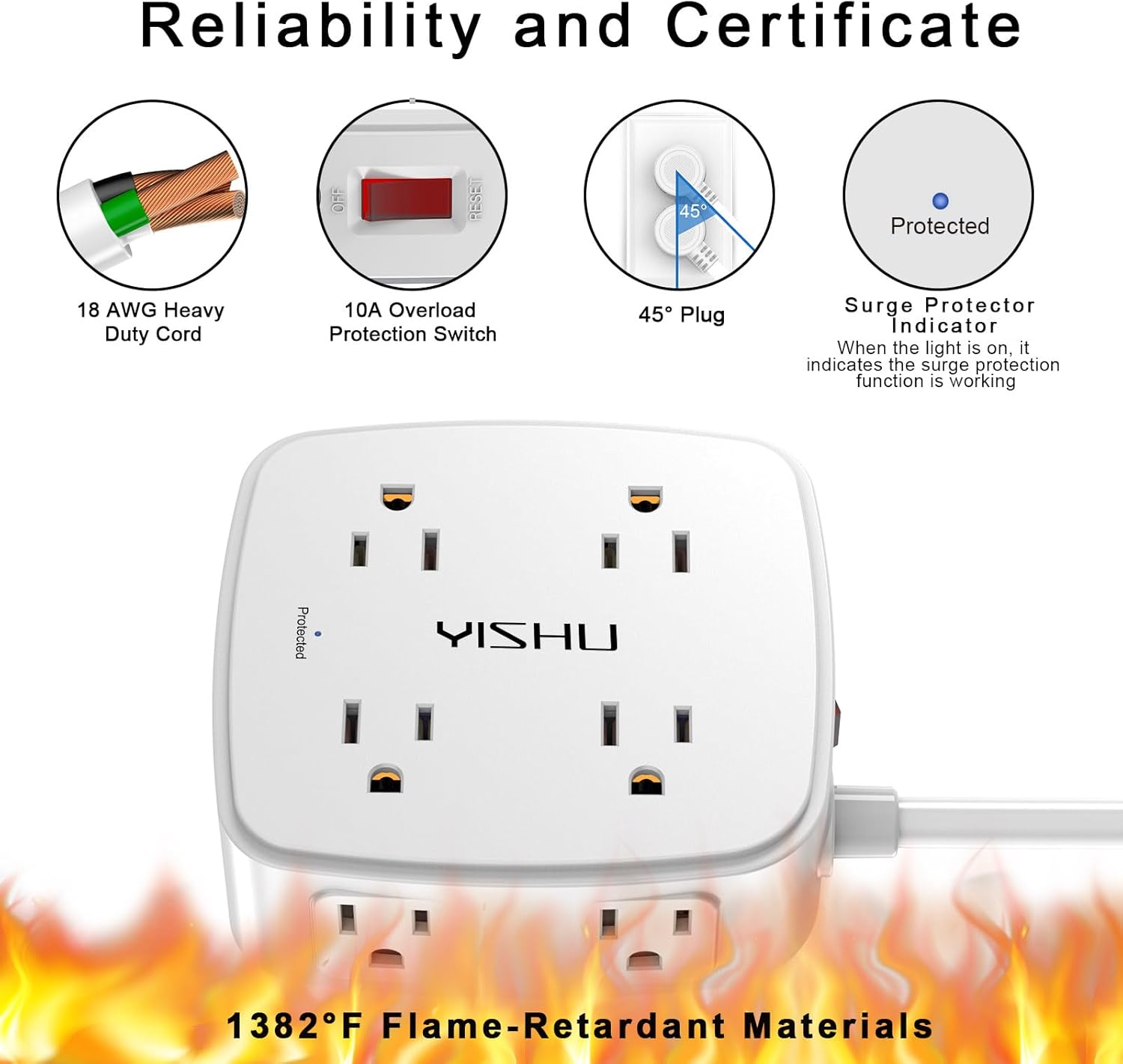 Surge Protector Power Strip – 8 Widely Spaced Outlets with 4 USB Ports, 5ft Extension Cord, Flat Plug, Wall Mount & Desk Charging Station