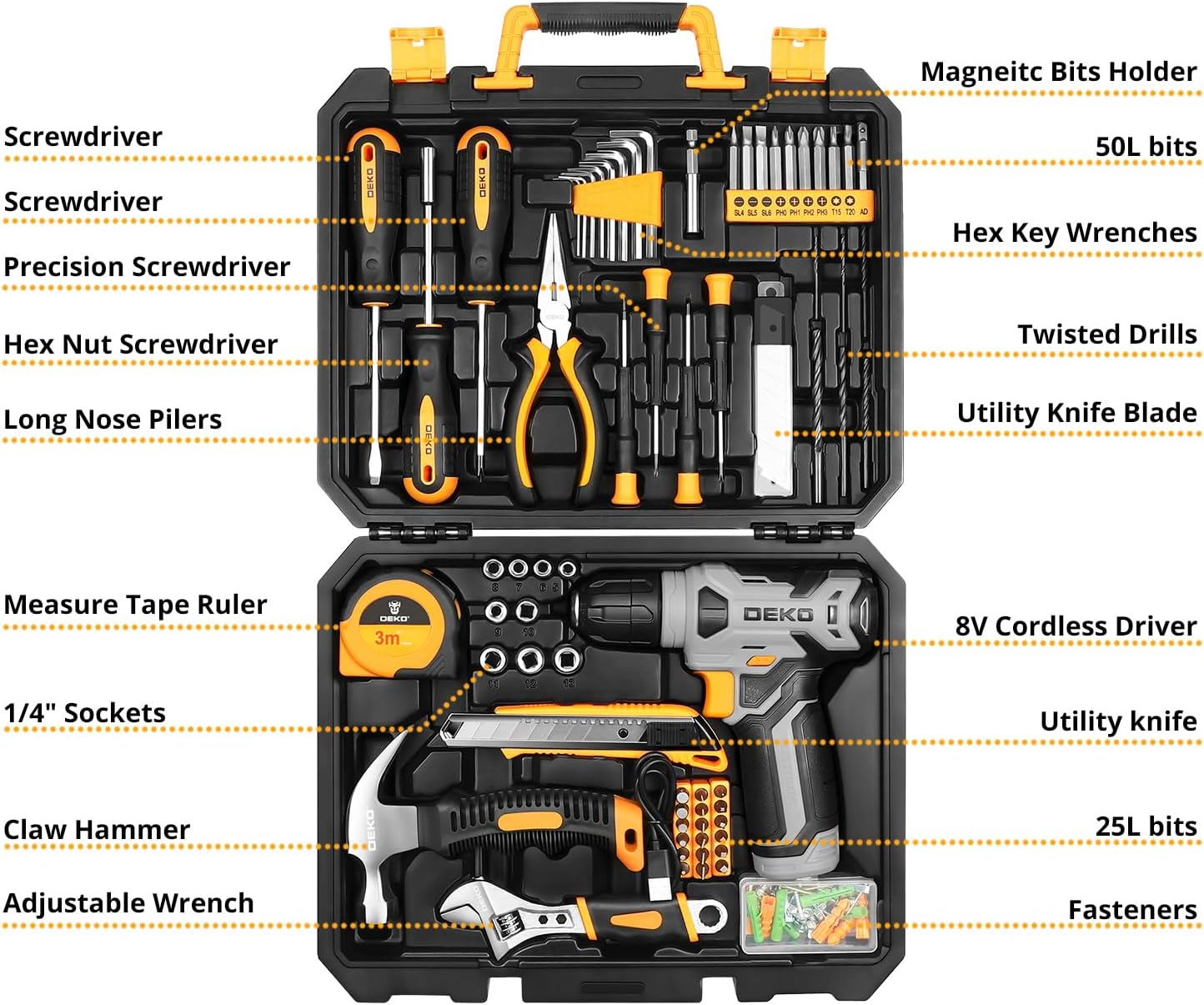 Tool Kit with 8V Cordless Drill,Tool Box with Drill,Hand Drill Set for Men & Women,Home Tool Kits for House Repair,Handyman,Diy 126 Piece