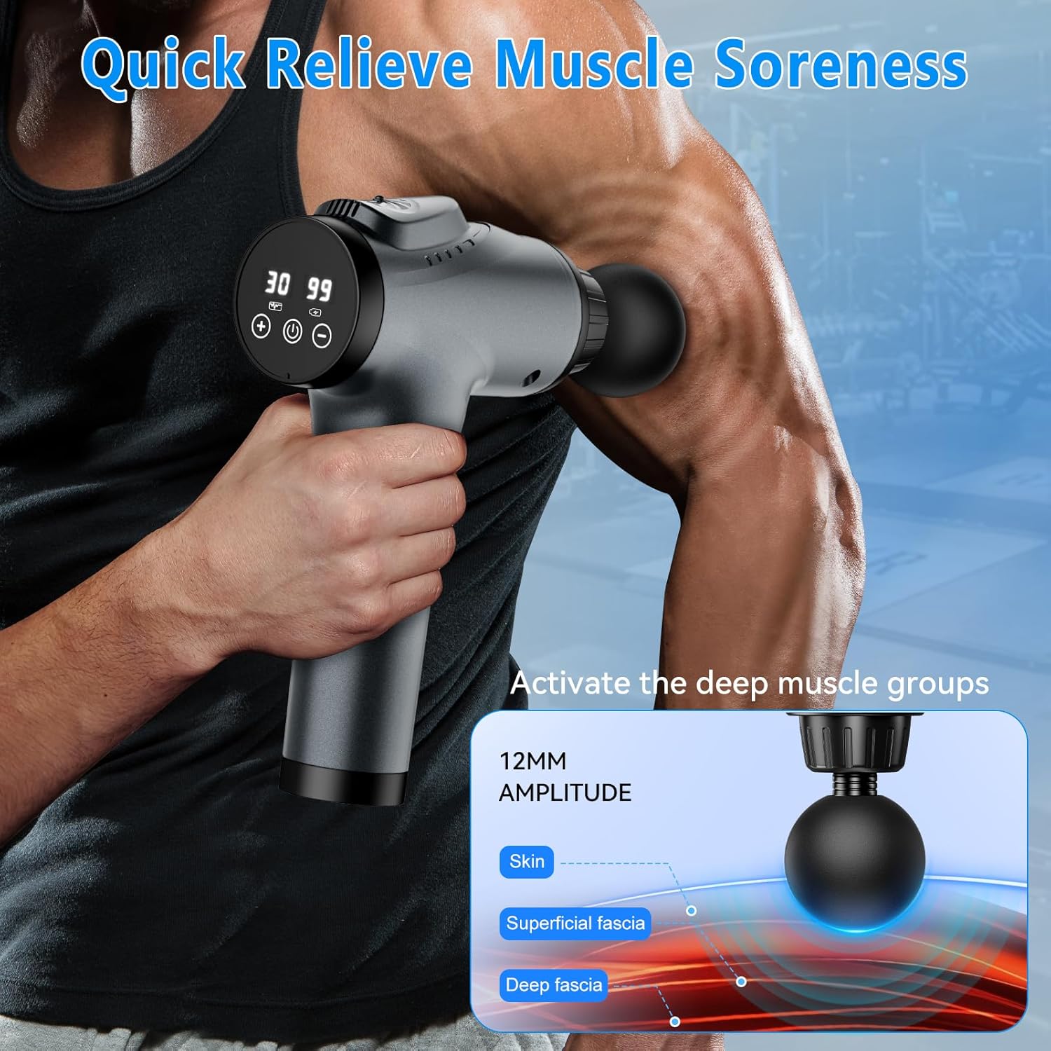 Deep Tissue Massage Gun – Handheld Percussion Massager with 30 Speed Levels & 9 Heads