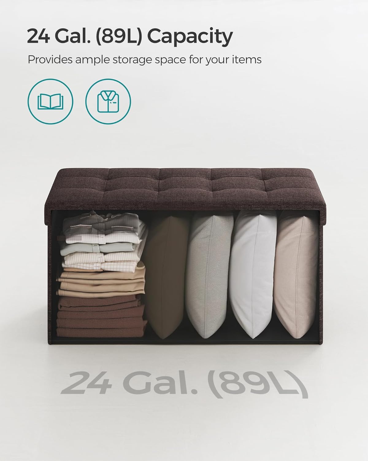 Mazie Collection - 30 Inches Folding Storage Ottoman Bench, Ottoman Foot Rest, End of Bed Bench, Storage Chest, Load 660 Lb, for Living Room, Bedroom, Entryway, Brown ULSF047K02