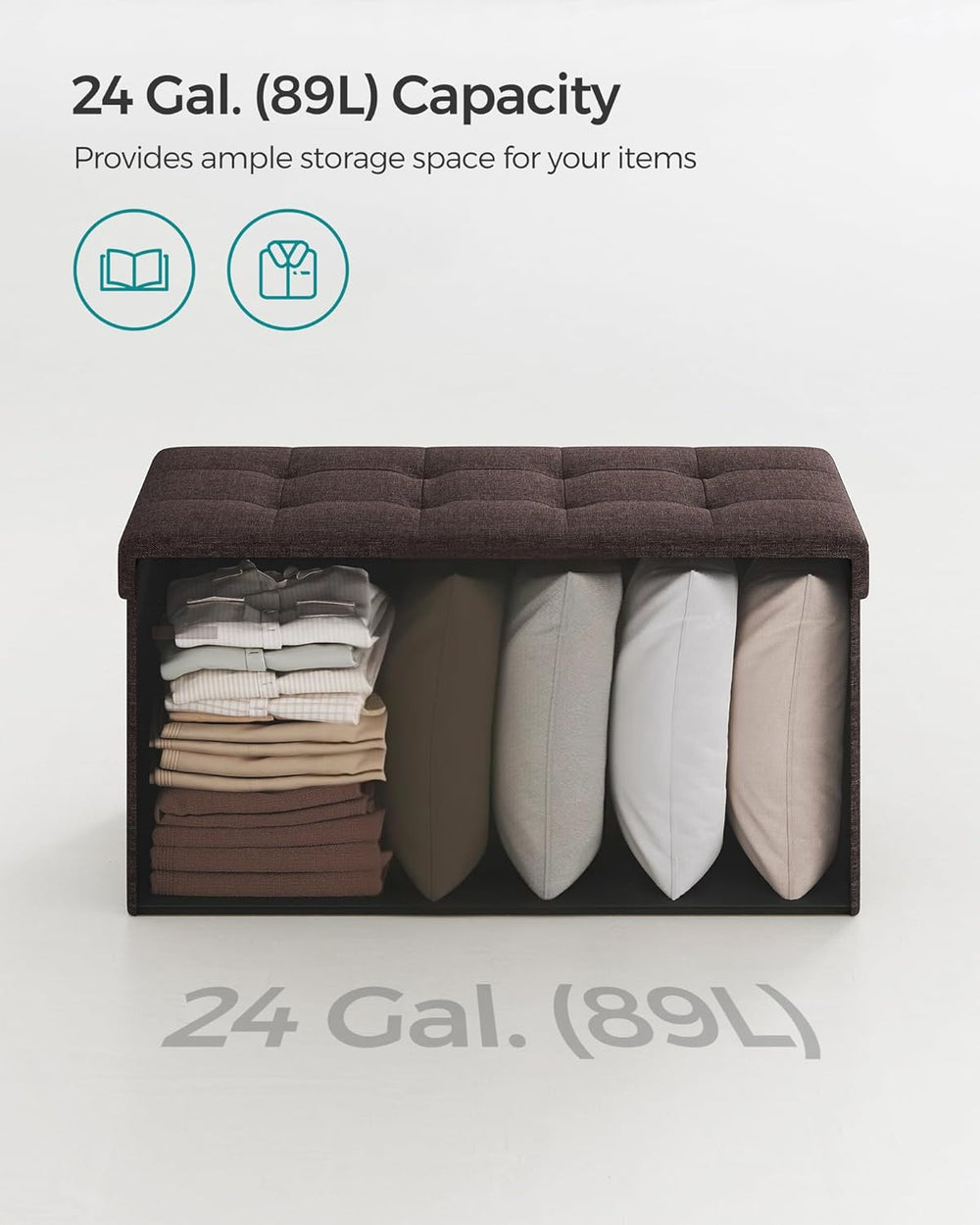 Mazie Collection - 30 Inches Folding Storage Ottoman Bench, Ottoman Foot Rest, End of Bed Bench, Storage Chest, Load 660 Lb, for Living Room, Bedroom, Entryway, Brown ULSF047K02