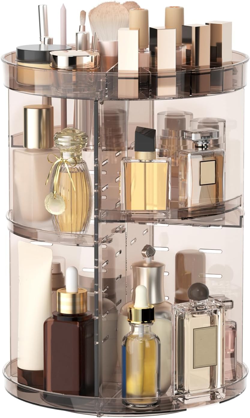 360° Rotating Makeup Organizer – Adjustable Cosmetic Storage Carousel for Vanity & Bathroom Countertop