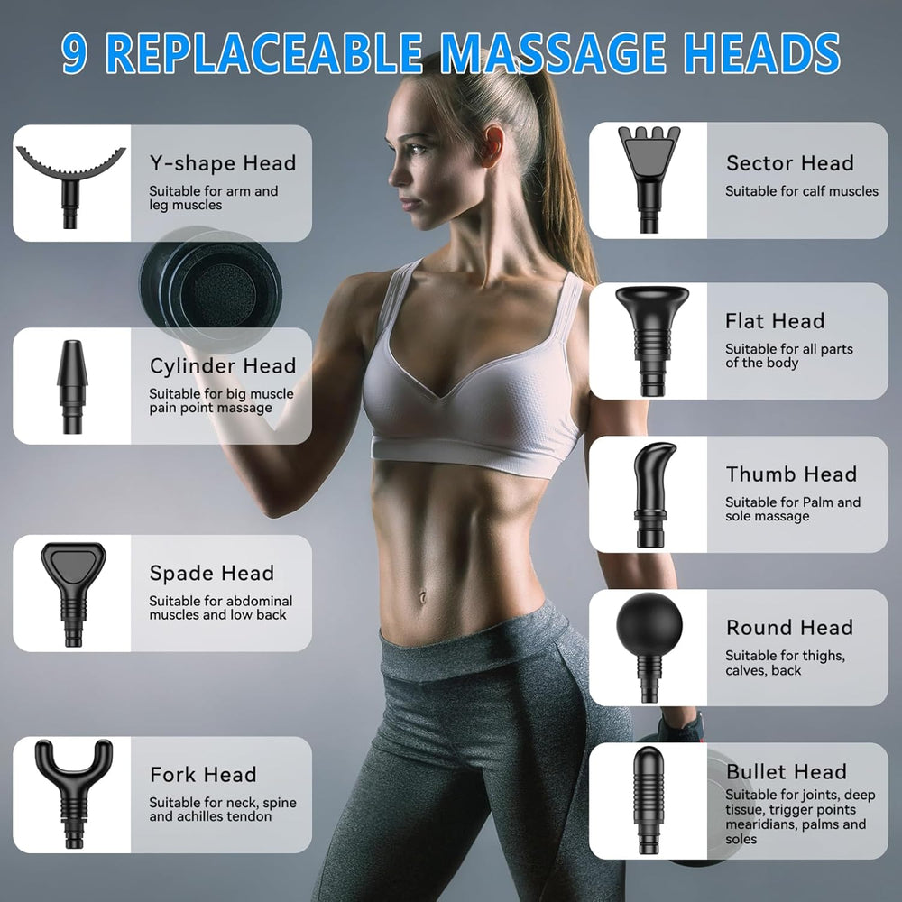 Deep Tissue Massage Gun – Handheld Percussion Massager with 30 Speed Levels & 9 Heads