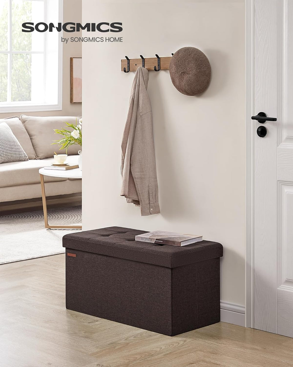 Mazie Collection - 30 Inches Folding Storage Ottoman Bench, Ottoman Foot Rest, End of Bed Bench, Storage Chest, Load 660 Lb, for Living Room, Bedroom, Entryway, Brown ULSF047K02