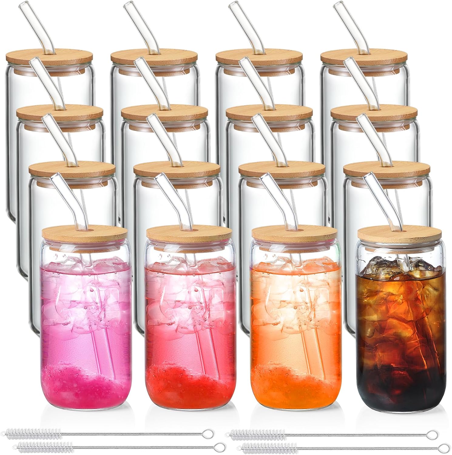 Piece Glass Cups Set – 16Oz Drinking Glasses with Bamboo Lids & Glass Straws for Iced Coffee & Tea