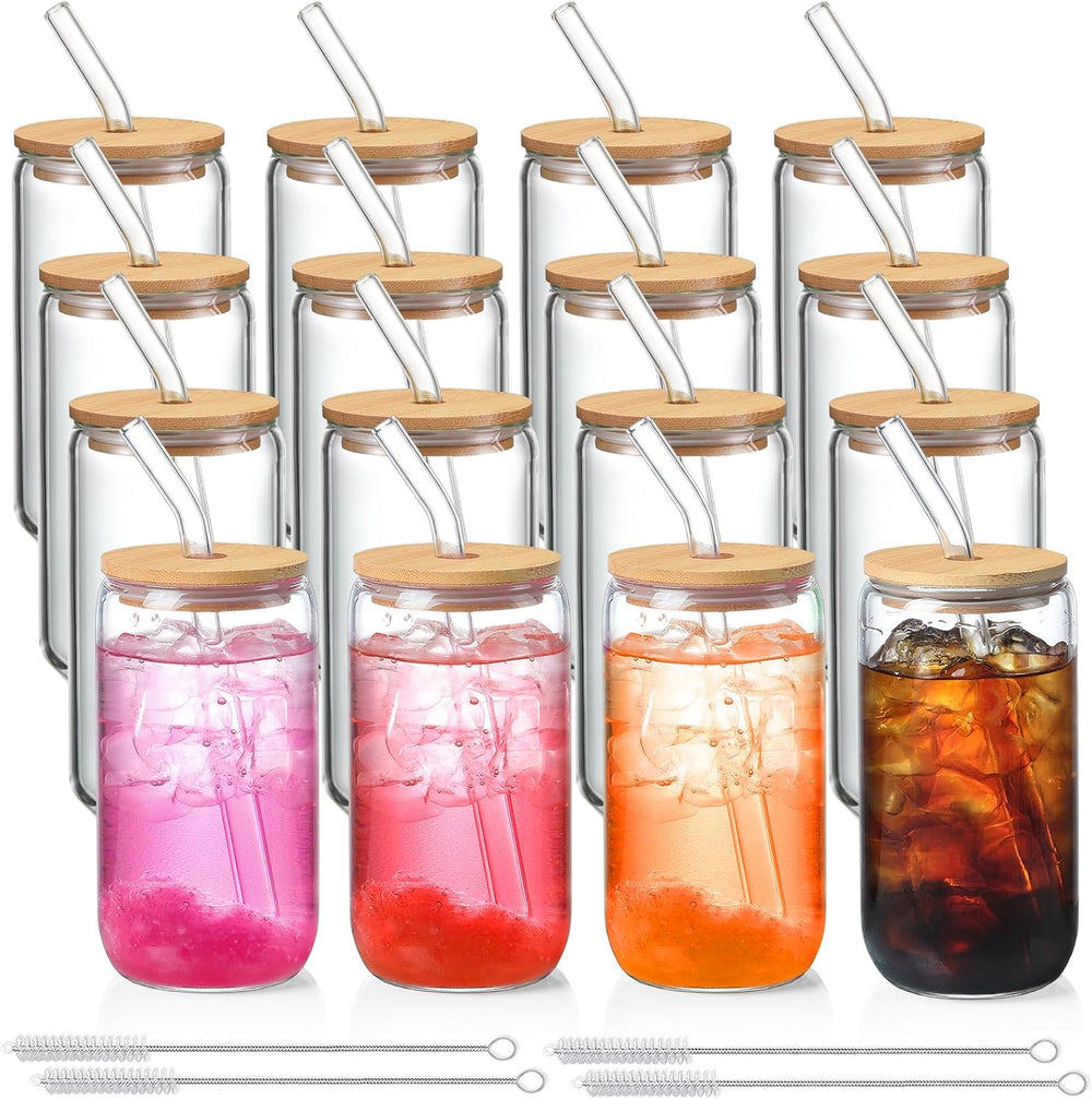 Piece Glass Cups Set – 16Oz Drinking Glasses with Bamboo Lids & Glass Straws for Iced Coffee & Tea