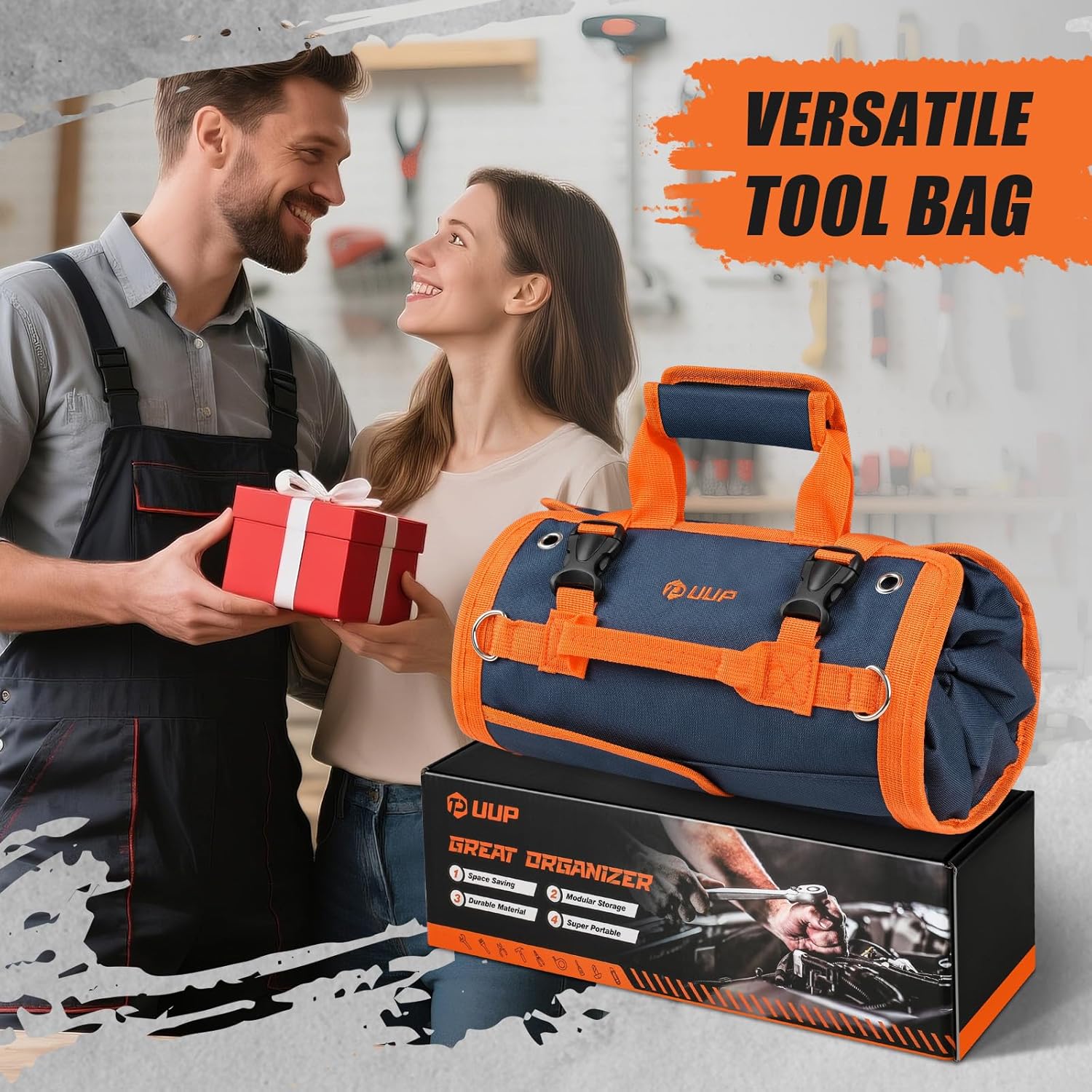 Tool Bag Roll Up,  Heavy Duty Rolled Empty Tool Storage Organization, Portable Foldable Rollup Organizer with 2 Small Pouches, Rollable Carrying Toolbag, Dad Men Mechanic Birthday Gift, Blue Orange
