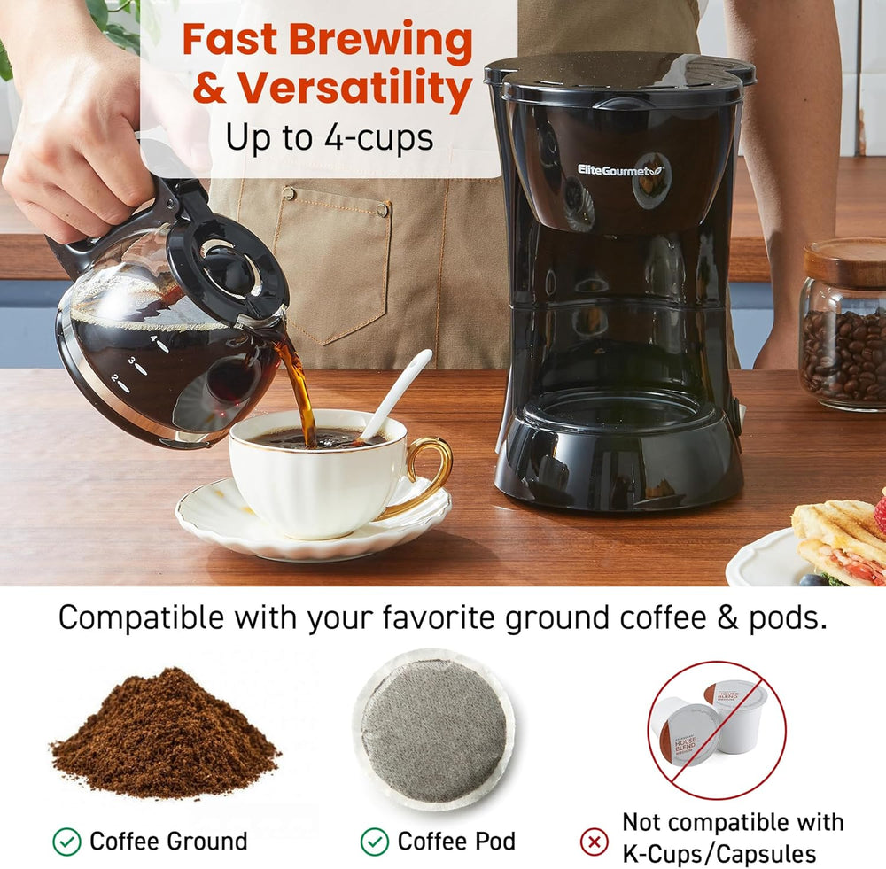 4-Cup Automatic Drip Coffee Maker with Glass Carafe, Pause & Serve, Reusable Filter, Keep Warm Function