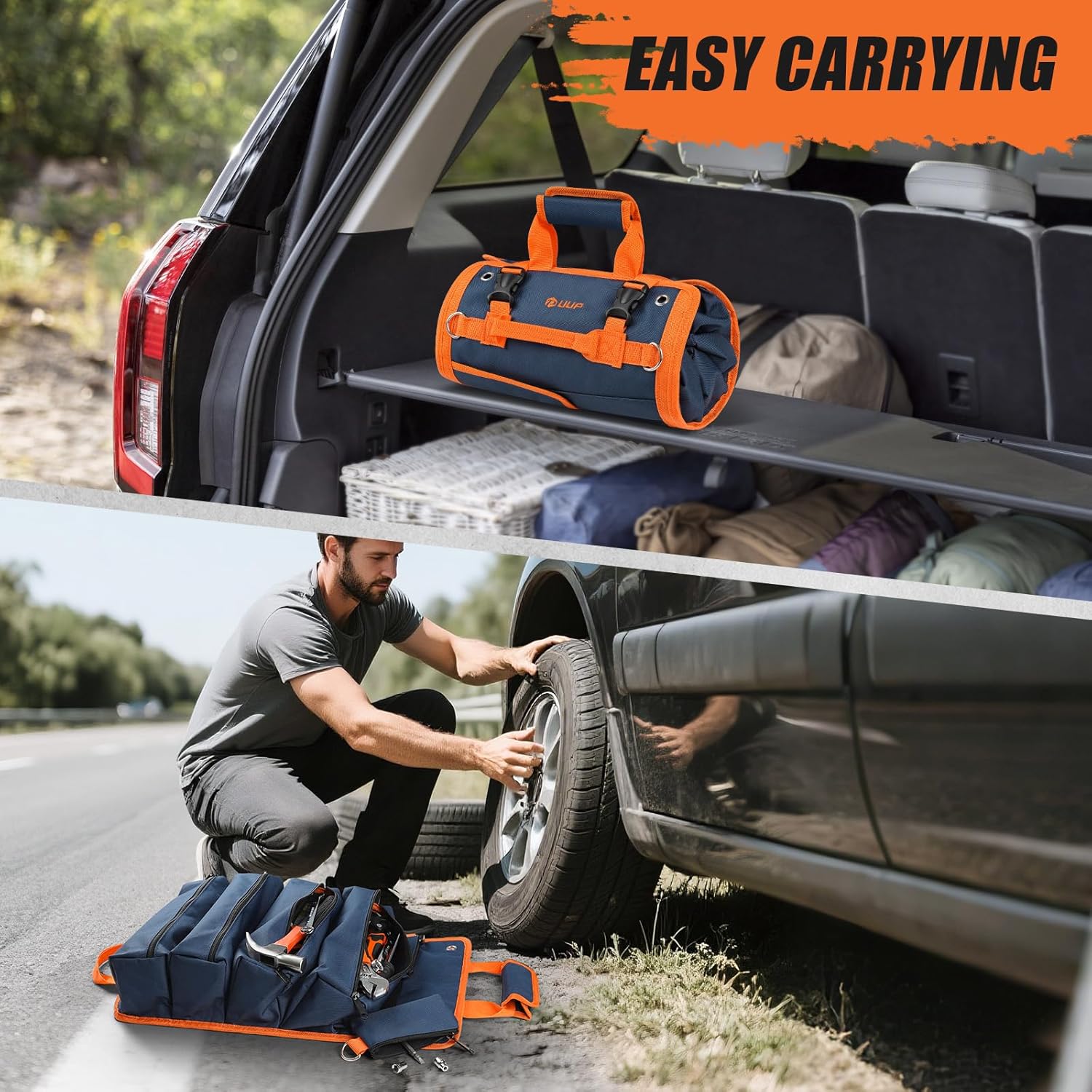 Tool Bag Roll Up,  Heavy Duty Rolled Empty Tool Storage Organization, Portable Foldable Rollup Organizer with 2 Small Pouches, Rollable Carrying Toolbag, Dad Men Mechanic Birthday Gift, Blue Orange