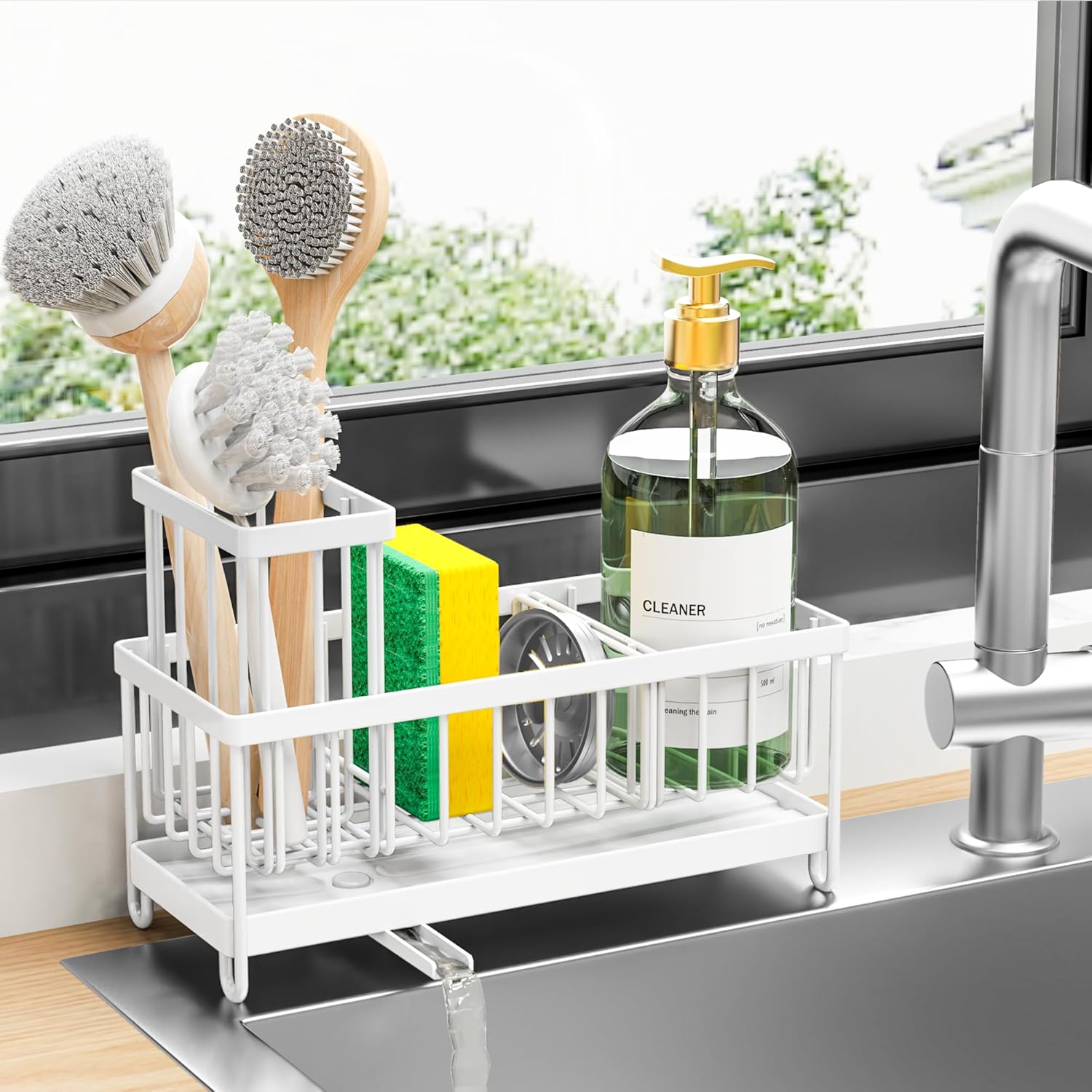 Stainless Steel Kitchen Sink Sponge Holder – Rustproof Caddy with Brush & Soap Organizer