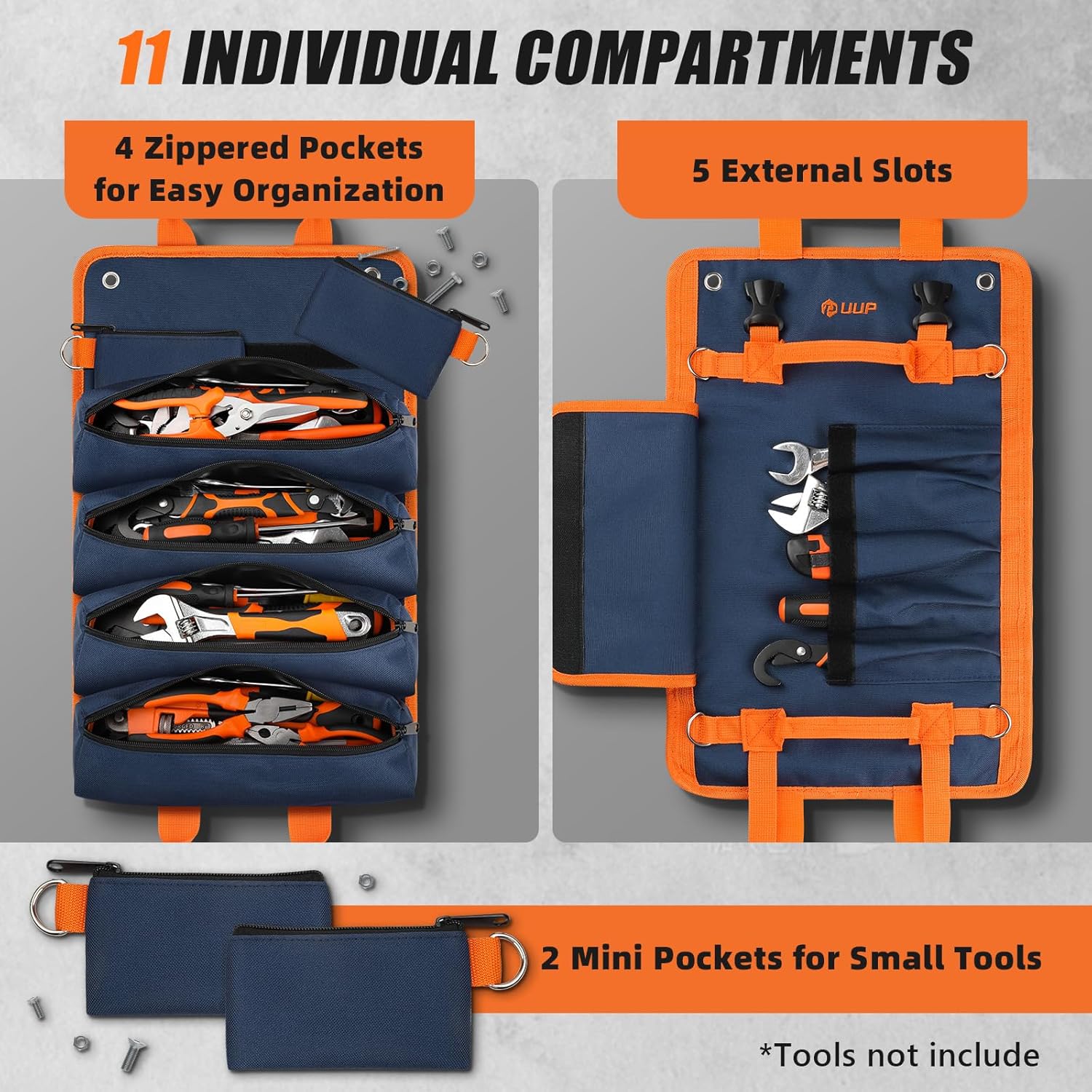 Tool Bag Roll Up,  Heavy Duty Rolled Empty Tool Storage Organization, Portable Foldable Rollup Organizer with 2 Small Pouches, Rollable Carrying Toolbag, Dad Men Mechanic Birthday Gift, Blue Orange