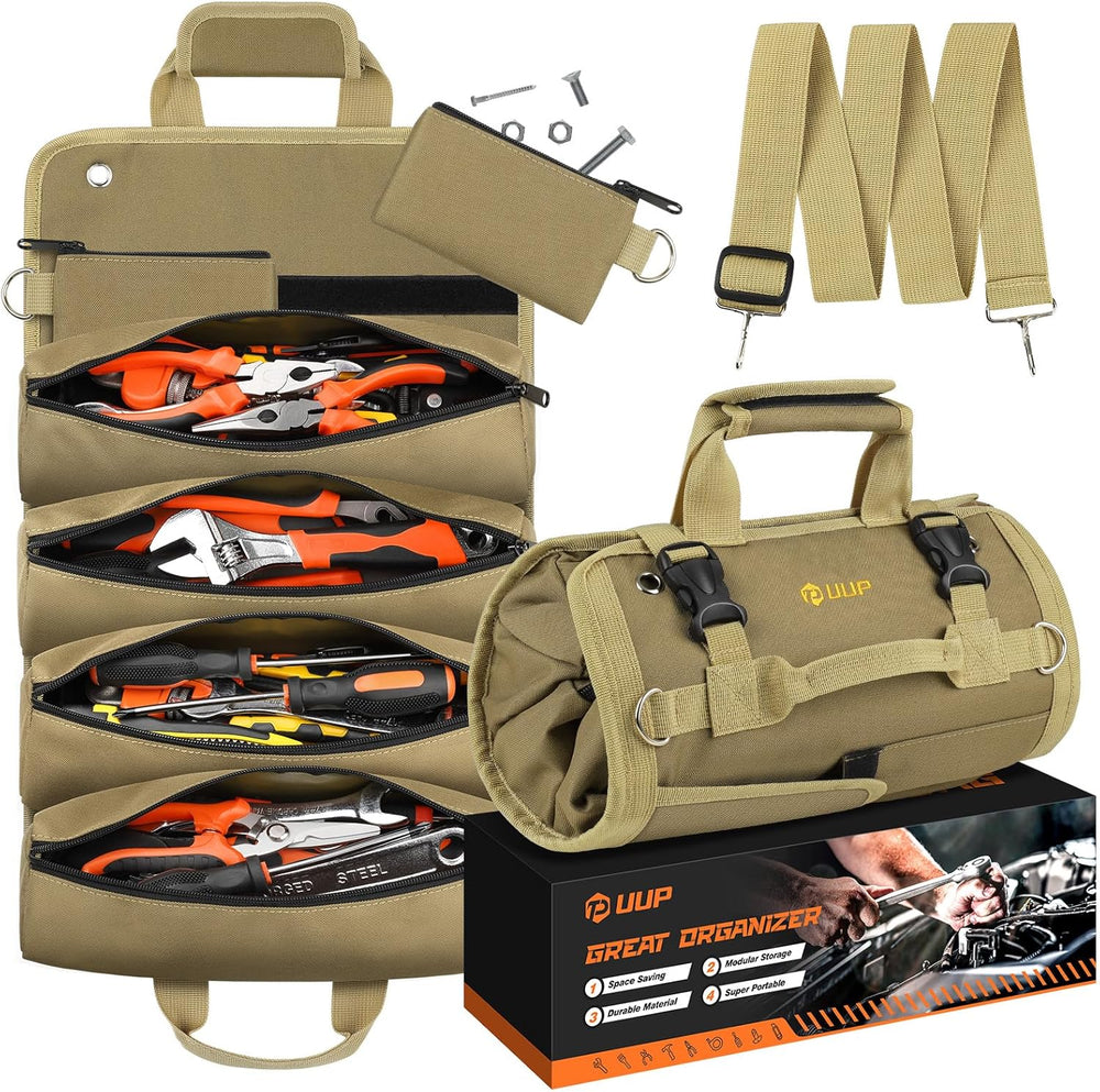 Tool Bag Roll Up,  Heavy Duty Rolled Empty Tool Storage Organization, Portable Foldable Rollup Organizer with 2 Small Pouches, Rollable Carrying Toolbag, Dad Men Mechanic Birthday Gift, Blue Orange