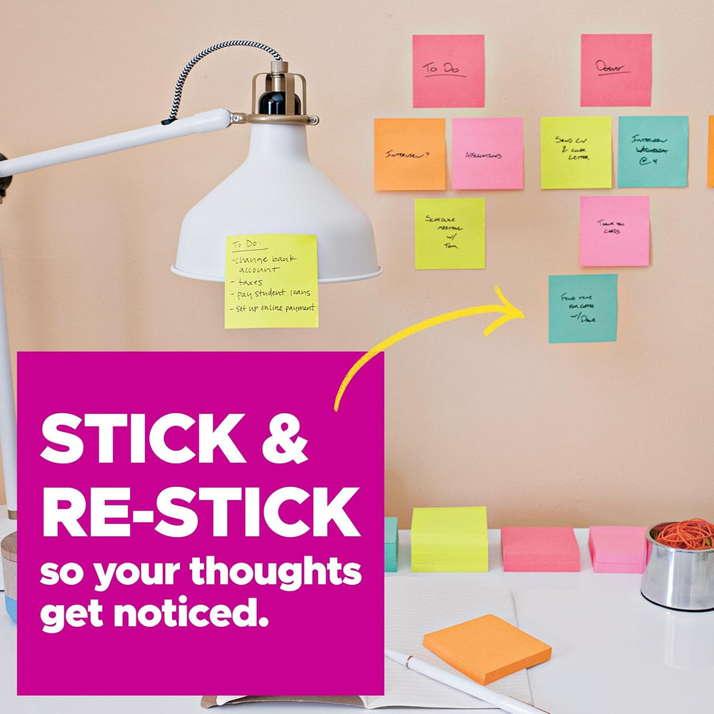 Post-it Super Sticky Notes – 24 Pads, 3” x 3”, Extra Strong Adhesive, Neon Colors