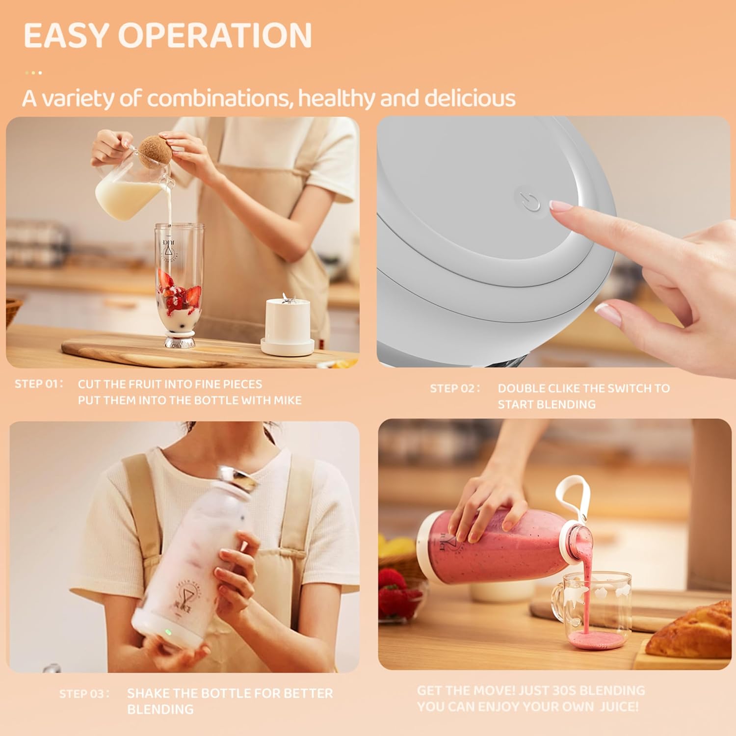 Portable Personal Blender 17oz – Rechargeable Mini Smoothie Maker with 6 Blades, USB Juicer Cup for Kitchen, Office, Travel & Camping