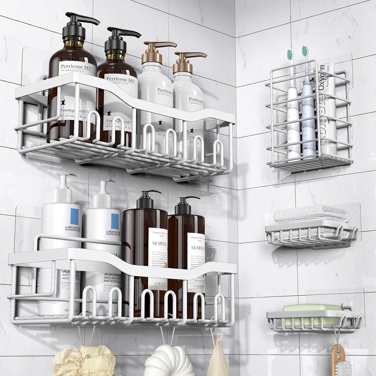 5-Pack Adhesive Shower Caddy – Rustproof Stainless Steel Bathroom Shelves, No Drilling, Large Capacity Organizer
