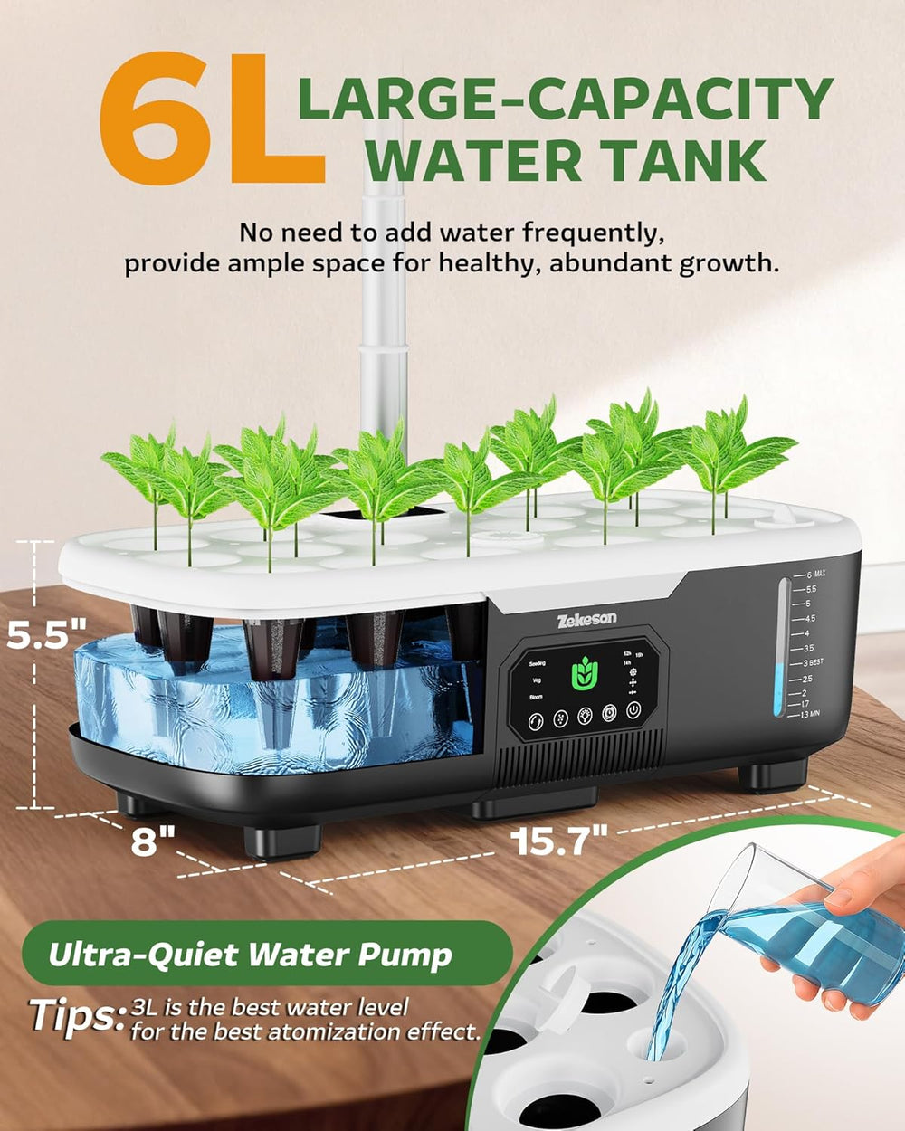 Smart Hydroponic Indoor Herb Garden – 15-Pod Misting System with 6L Tank & LCD Touch Panel