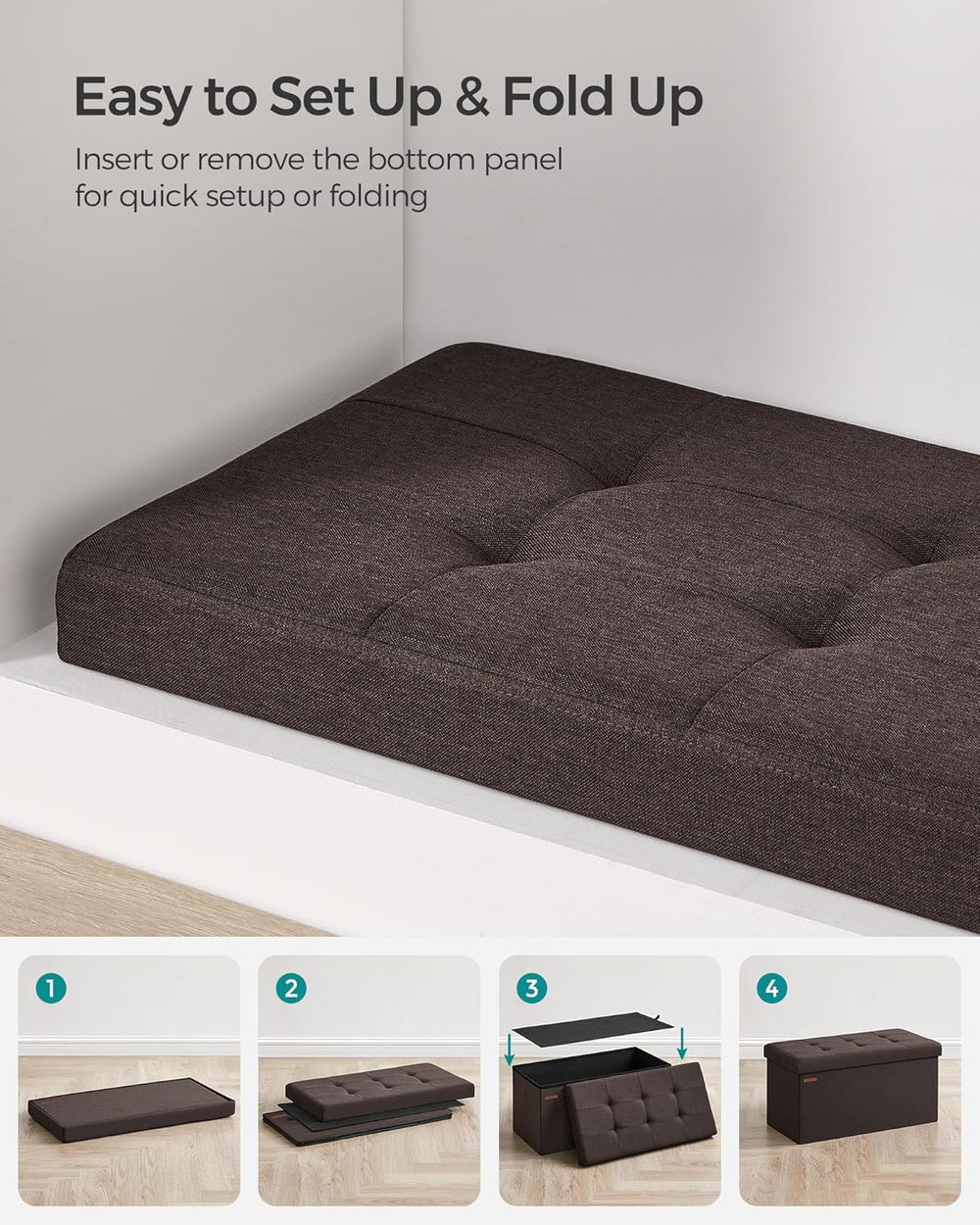 Mazie Collection - 30 Inches Folding Storage Ottoman Bench, Ottoman Foot Rest, End of Bed Bench, Storage Chest, Load 660 Lb, for Living Room, Bedroom, Entryway, Brown ULSF047K02