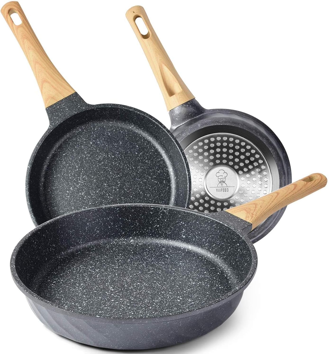 Nonstick Granite Frying Pan Set (8”, 9.5”, 11”) – Induction Compatible Skillets with Heat-Resistant Handles