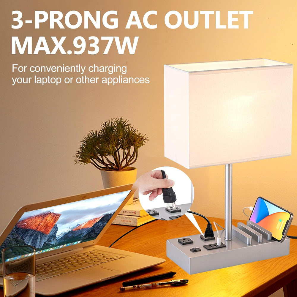 Modern Bedside Table Lamp with USB Ports, AC Outlets & Phone Stands (Silver Wood Base)
