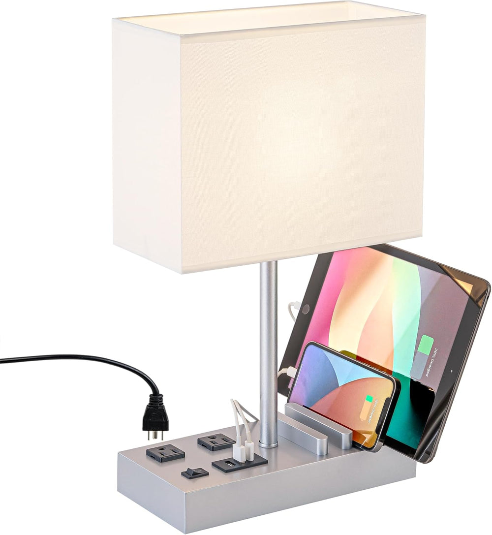 Modern Bedside Table Lamp with USB Ports, AC Outlets & Phone Stands (Silver Wood Base)