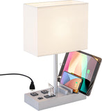 Modern Bedside Table Lamp with USB Ports, AC Outlets & Phone Stands (Silver Wood Base)